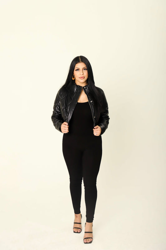 Black Quilted Faux Leather Jacket