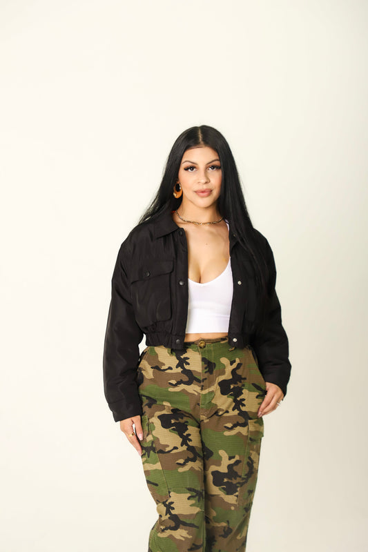 Black Cropped Windbreaker Jacket