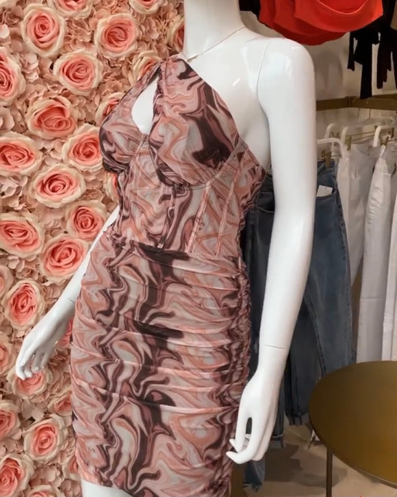 One Shoulder Pink Swirl Dress
