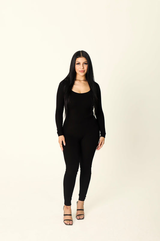 Black Ribbed Snatched Jumpsuit